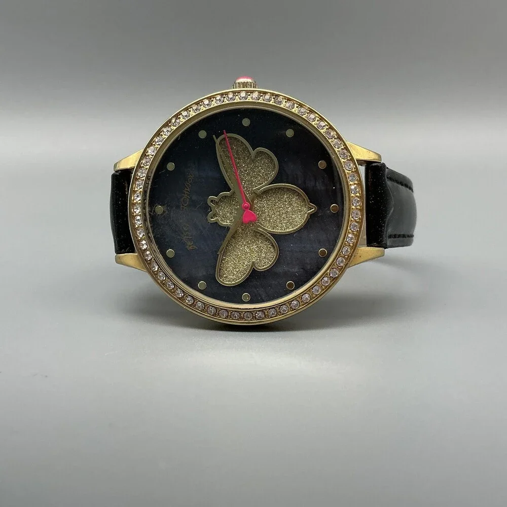 Betsey Johnson Womens Watch 39mm Black Bee Dial Gold Tone Leather New Battery
